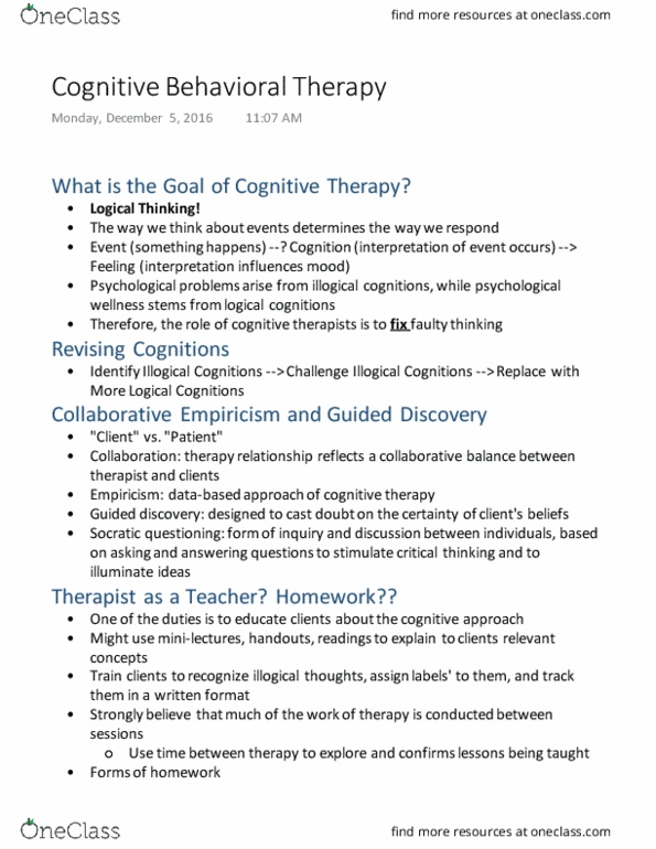 PSYC 101 Lecture Notes - Lecture 36: Cognitive Behavioral Therapy, Cognitive Therapy, Socratic Questioning thumbnail