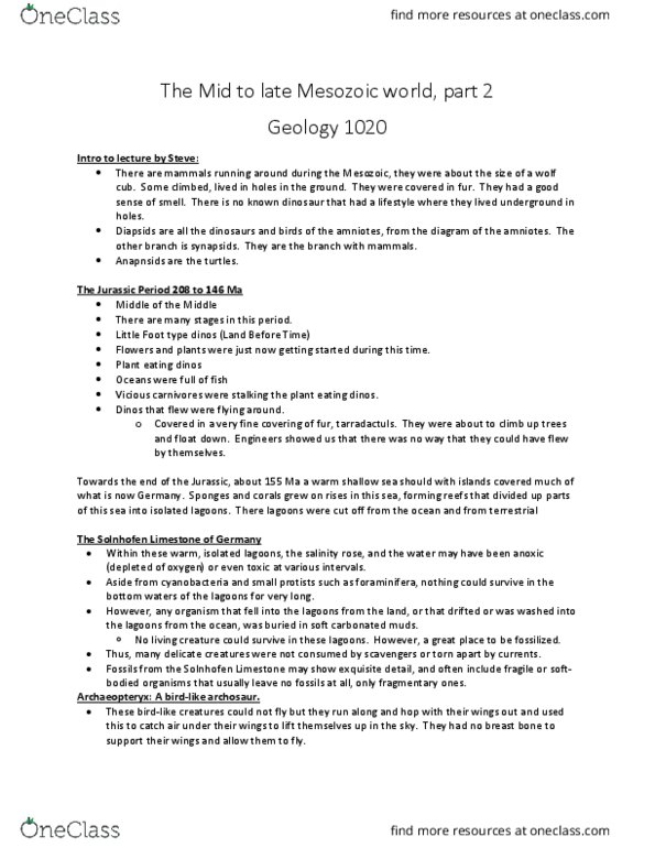 GEOL 1020 Lecture Notes - Lecture 37: Dinos, Little Foot, Mesozoic thumbnail
