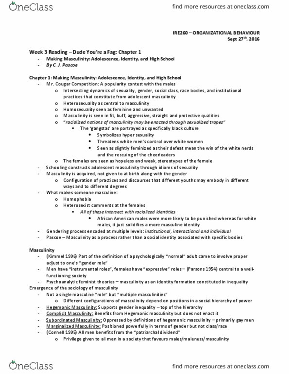 SOC367H1 Chapter DYAF Chapter 1: Making Masculinity: Adolescence, Identity, and High School thumbnail