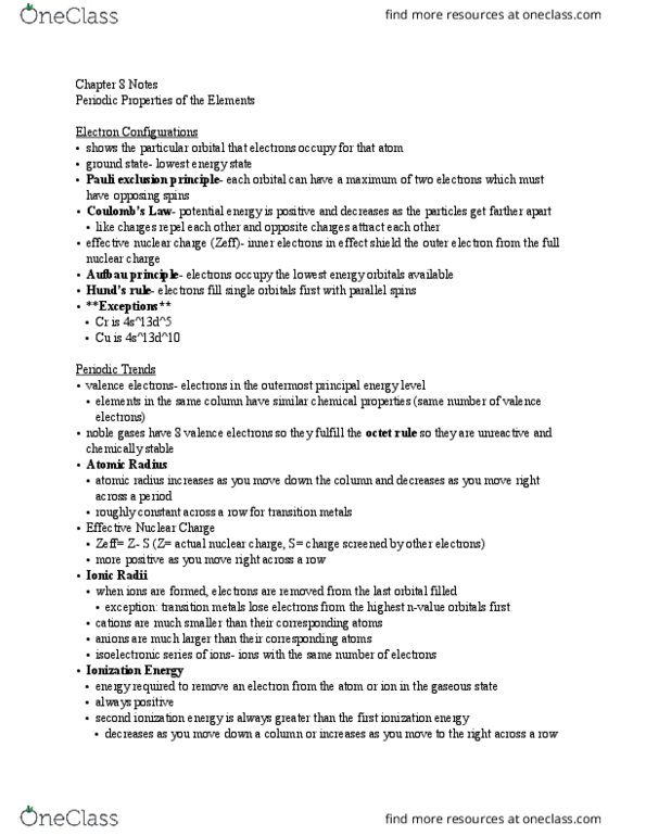 CHEM 1211 Chapter Notes - Chapter 8: Effective Nuclear Charge, Pauli Exclusion Principle, Aufbau Principle thumbnail