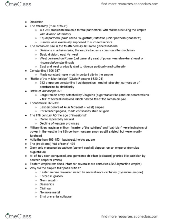 CLAS 160B1 Lecture Notes - Lecture 41: Diocletian, Germanic Peoples, Ponte Milvio thumbnail