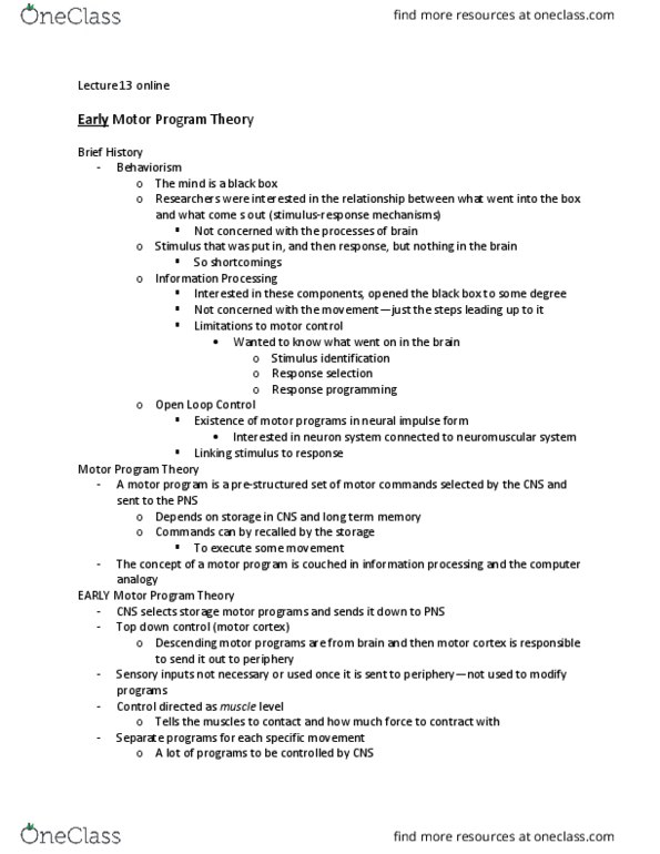 KNES 385 Lecture Notes - Lecture 26: Motor Program, Afferent Nerve Fiber, Triceps Brachii Muscle thumbnail