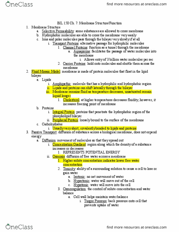 BIL 150 Chapter Notes - Chapter 7: Fluid Mosaic Model, Lipid Bilayer, Biological Membrane thumbnail