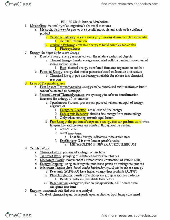 BIL 150 Chapter Notes - Chapter 8: Thermal Energy, Metabolic Pathway, Endergonic Reaction thumbnail