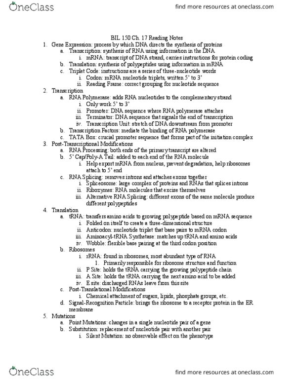 BIL 150 Chapter Notes - Chapter 17: Tata Box, Spliceosome, Intron thumbnail