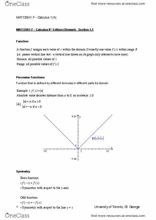 MAT135H1 Chapter Notes - Chapter 1.1: Even And Odd Functions, Piecewise thumbnail