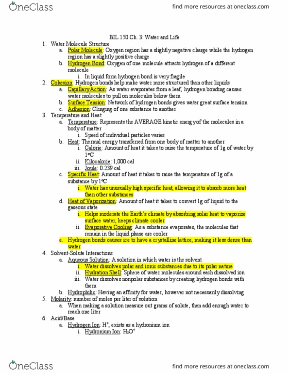 BIL 150 Chapter Notes - Chapter 3: Hydrogen Bond, Heat Capacity, Thermal Energy thumbnail