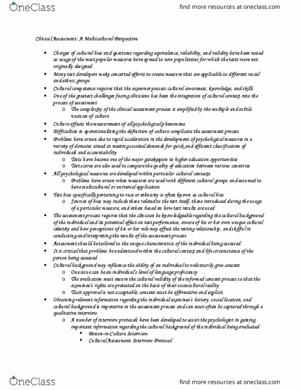 PSYC37H3 Chapter Notes - Chapter Clinical Assessment - A Multicultural Perspective: Acculturation, Intercultural Competence, Nonverbal Communication thumbnail