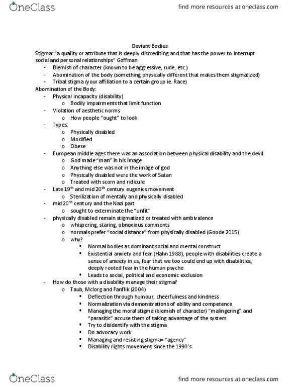 SOC 2070 Lecture Notes - Lecture 12: Disability Rights Movement, Erving Goffman, Middle Ages thumbnail