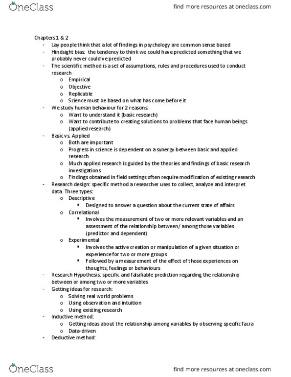 PSYC 2360 Lecture Notes - Lecture 2: Hindsight Bias, Scientific Method, Falsifiability thumbnail