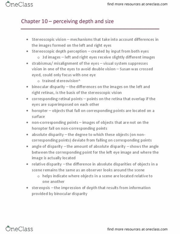 PSYC 2390 Chapter Notes - Chapter 10: Random Dot Stereogram, Binocular Disparity, Depth Perception thumbnail