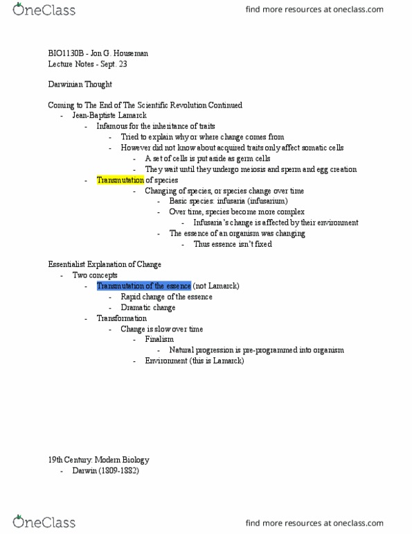 BIO 1130 Lecture Notes - Lecture 6: Erasmus Darwin, Scientific Revolution, Meiosis thumbnail