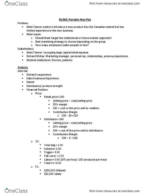 BU362 Lecture Notes - Lecture 9: Heating Pad, Marketing Mix, Personal Selling thumbnail