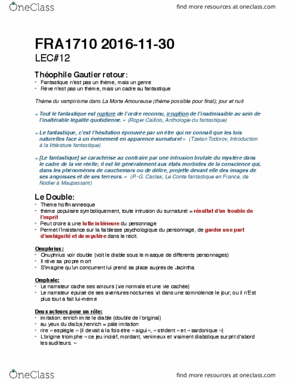 FRA 1710 Lecture Notes - Lecture 12: Roger Caillois, Omphale, Somnolence thumbnail