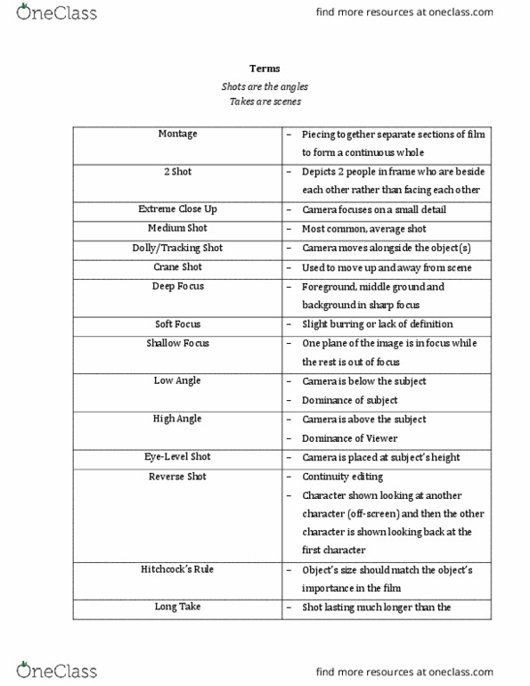 FINE102 Chapter Notes - Chapter 1-10: Long Shot, Steadicam, Slow Motion thumbnail