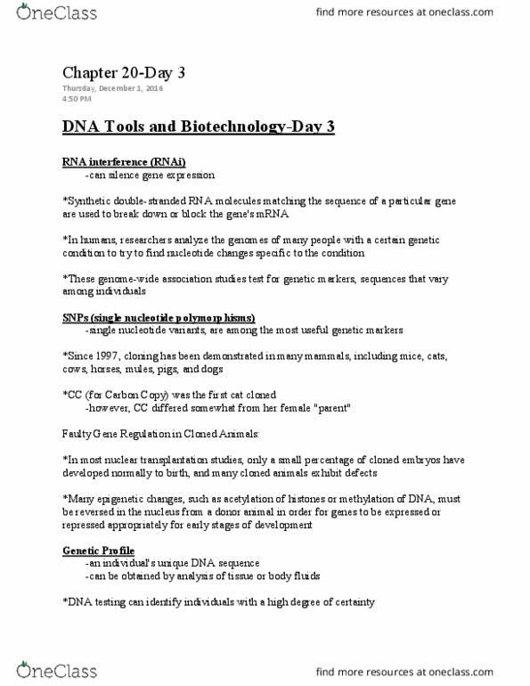 LIFE 102 Lecture Notes - Lecture 47: Single-Nucleotide Polymorphism, Rna Interference, Str Analysis thumbnail