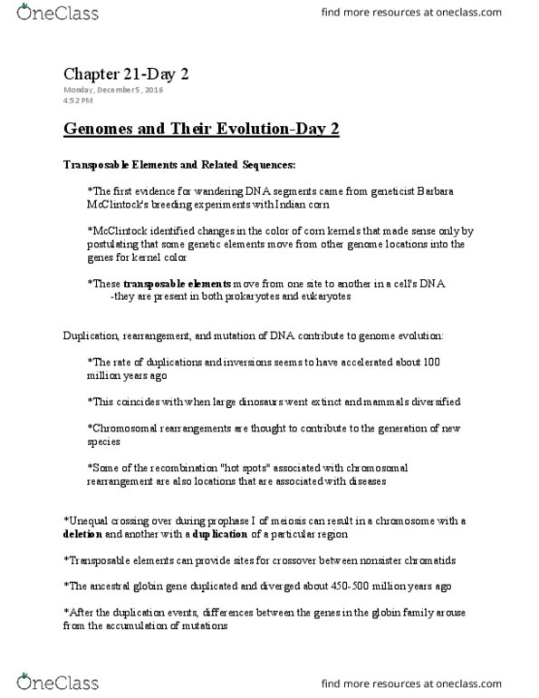 LIFE 102 Lecture Notes - Lecture 49: Transposable Element, Chromosomal Rearrangement, Gene Duplication thumbnail