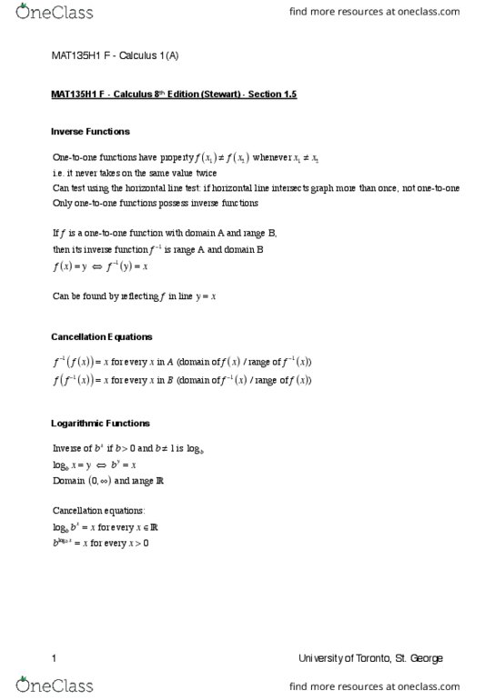 MAT135H1 Chapter Notes - Chapter 1.5: Inverse Function, Natural Logarithm, Trigonometric Functions thumbnail