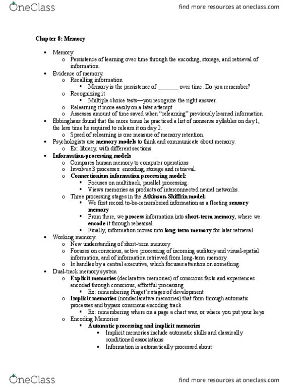 PSYC 111 Lecture Notes - Lecture 12: Encoding Specificity Principle, Classical Conditioning, Echoic Memory thumbnail