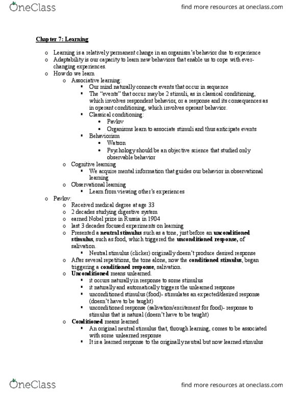 PSYC 111 Lecture Notes - Lecture 11: Mirror Neuron, Reinforcement, Learning thumbnail