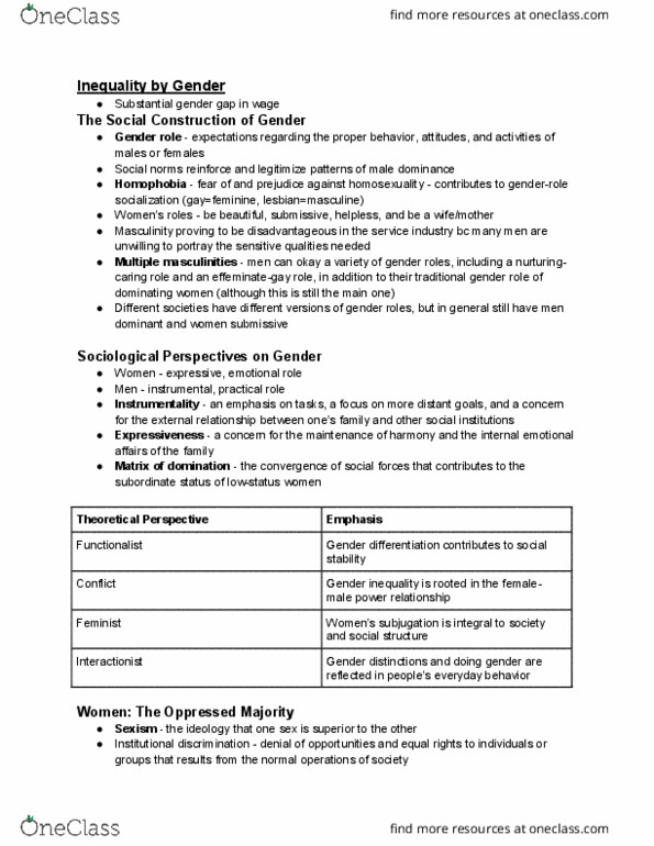 SOC 001 Chapter Notes - Chapter 7: Gender Inequality, Glass Ceiling, Social Forces thumbnail