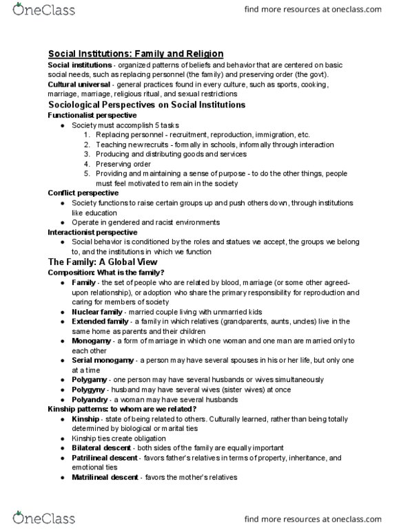 SOC 001 Chapter Notes - Chapter 8: Nuclear Family, Human Sexuality, Sister Wives thumbnail