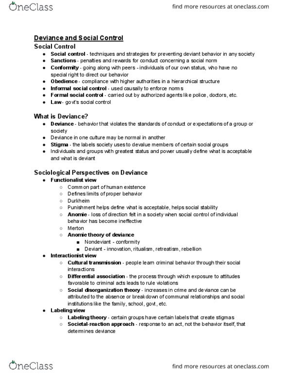 SOC 001 Chapter Notes - Chapter 4: Differential Association, Transnational Crime, Anomie thumbnail