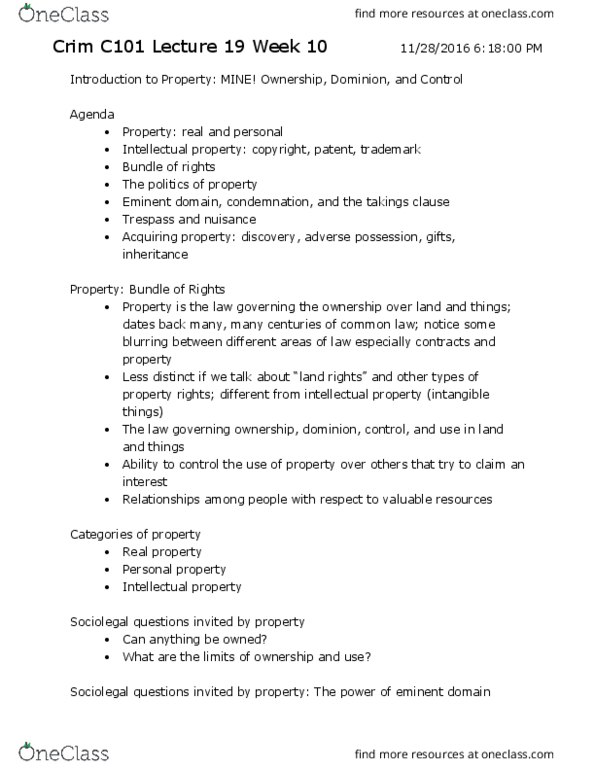 CRM/LAW C101 Lecture Notes - Lecture 19: Intangible Property, Starbucks, Adverse Possession thumbnail