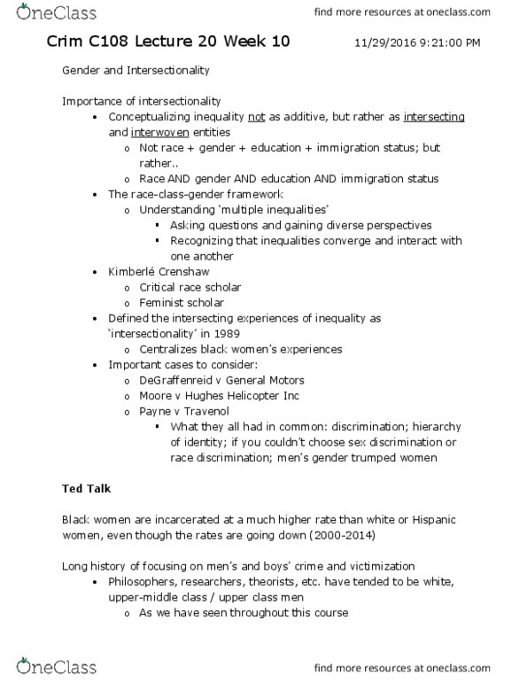 CRM/LAW C108 Lecture Notes - Lecture 20: Social Inequality, Intersectionality, Feminist Theory thumbnail