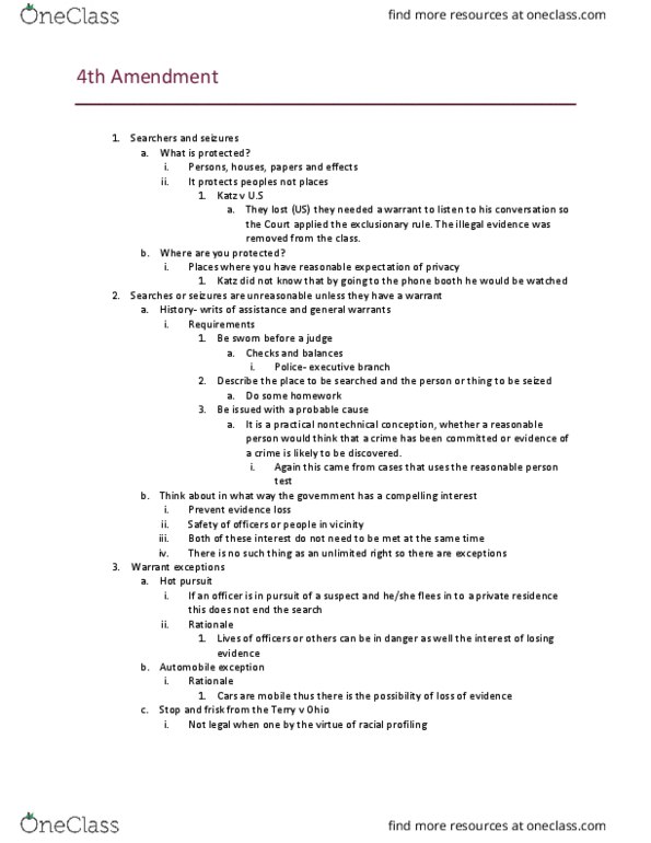 PSC 2302 Lecture Notes - Lecture 30: Fourth Amendment To The United States Constitution, Hot Pursuit, Exclusionary Rule thumbnail