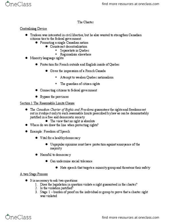 PLSC 2231 Lecture Notes - Lecture 13: Robert Bourassa, Section 33 Of The Canadian Charter Of Rights And Freedoms, Parliamentary Sovereignty thumbnail