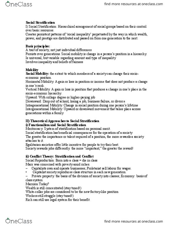 SOC101R Lecture Notes - Lecture 7: Working Poor, Upper Class, Social Stratification thumbnail