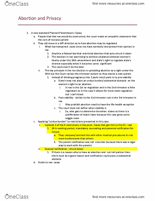 PSC 2302 Lecture Notes - Lecture 21: Intact Dilation And Extraction, Fourteenth Amendment To The United States Constitution, Planned Parenthood thumbnail