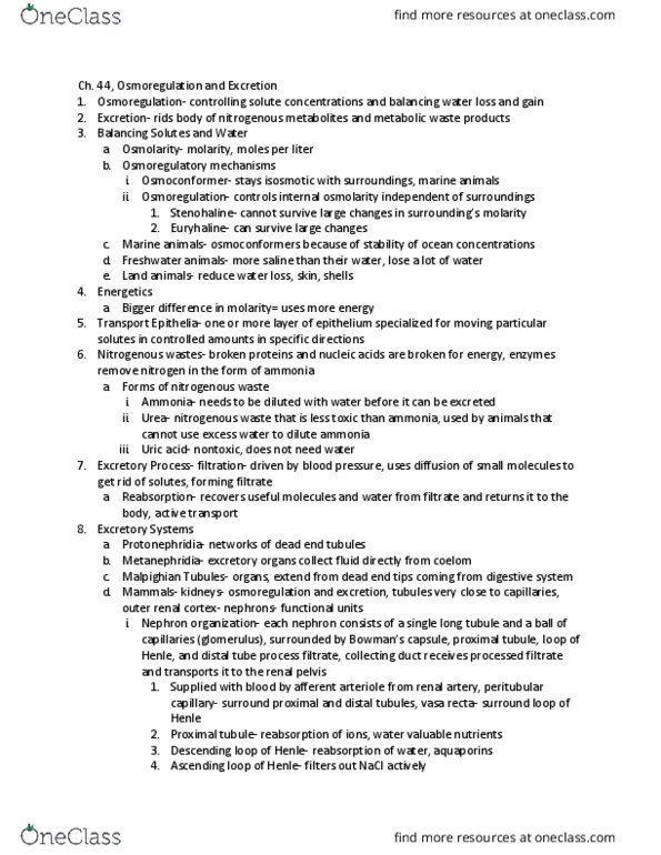 BIL 150 Chapter Notes - Chapter 44: Metabolic Waste, Reabsorption, Aquaporin thumbnail