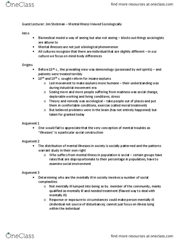 SOSA 2502 Lecture Notes - Lecture 17: Biomedical Model, Moral Treatment thumbnail