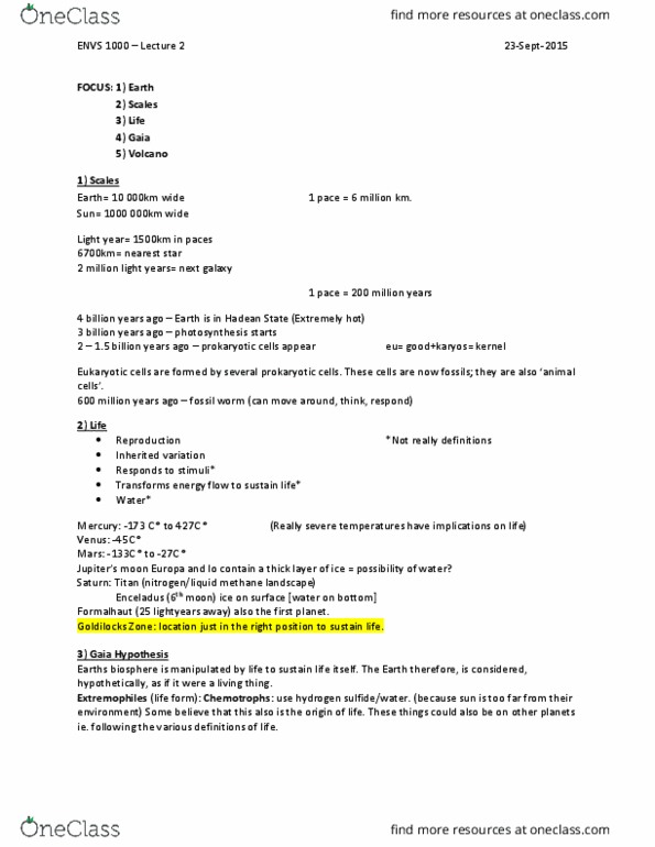 ENVS 1000 Lecture Notes - Lecture 2: Extremophile, Gaia Hypothesis, Hadean thumbnail