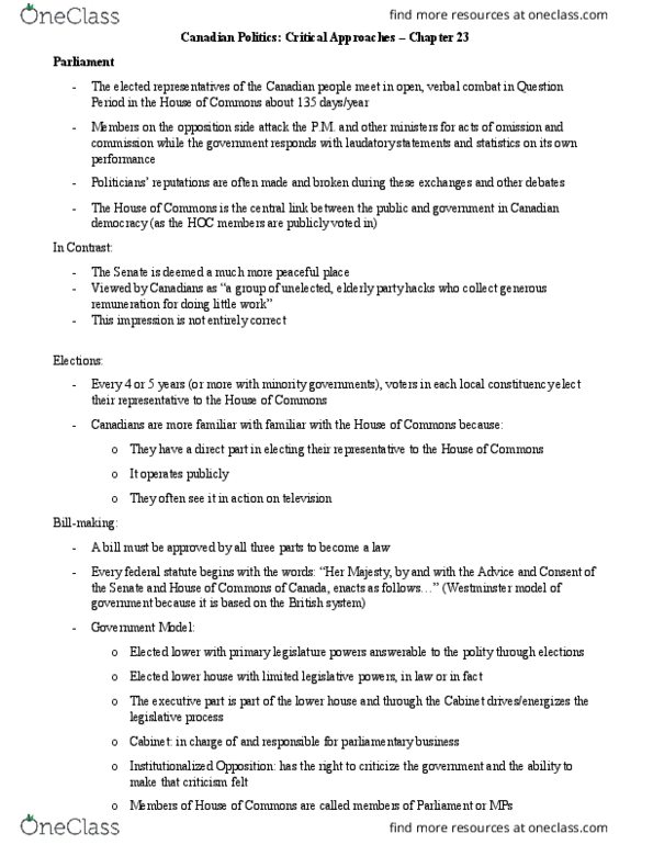POLB50Y3 Chapter Notes - Chapter 23: Conscience Vote, Canada Health Act, Caucus thumbnail