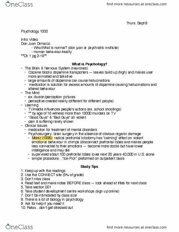 Psychology 1000 Lecture Notes - Lecture 1: Lobotomy, Psychosurgery thumbnail