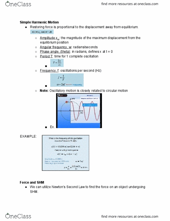 PHYS 1003 Lecture Notes - Lecture 17: Torsion Spring, Simple Harmonic Motion, Angular Frequency thumbnail