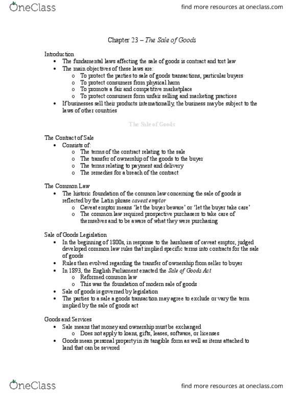 Management and Organizational Studies 2275A/B Chapter Notes - Chapter 23: Caveat Emptor, Implied Warranty, The Purchase Price thumbnail