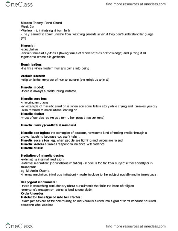 CMST 2C03 Lecture Notes - Lecture 3: Emotional Contagion, Mimesis, Michelle Obama thumbnail