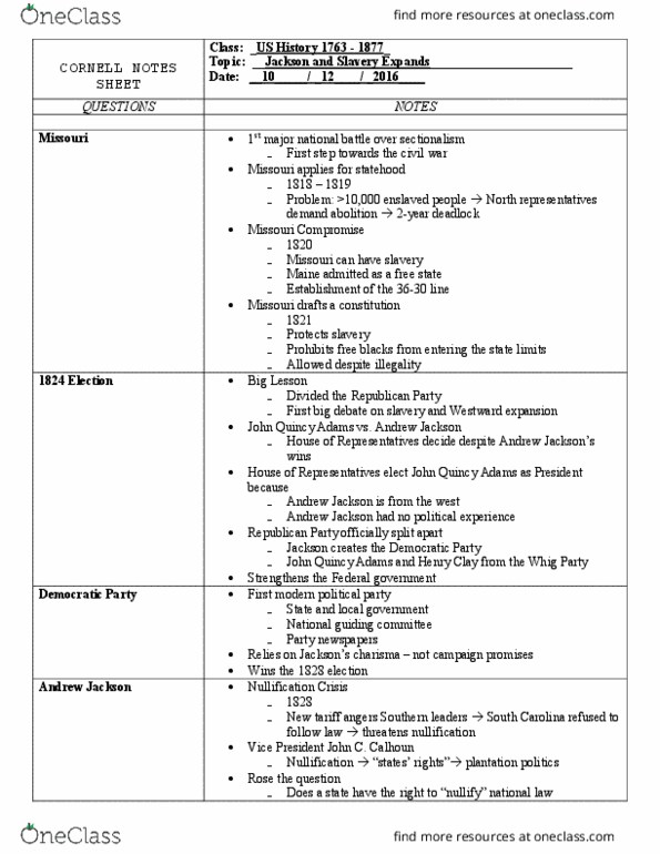 HLTH 5392 Lecture Notes - Lecture 17: Missouri Compromise thumbnail