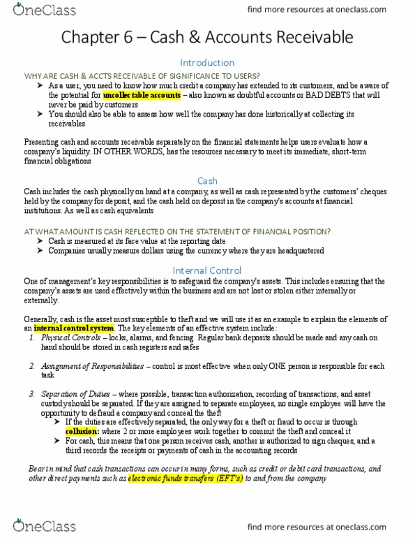 COMM-1106EL Chapter 6: Chapter 6 – Cash and Accounts Receivable thumbnail