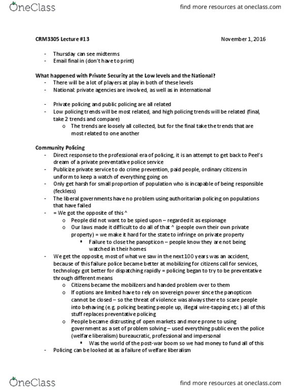 CRM 3305 Lecture Notes - Lecture 13: Panopticon, Neoliberalism, Telephone Tapping thumbnail