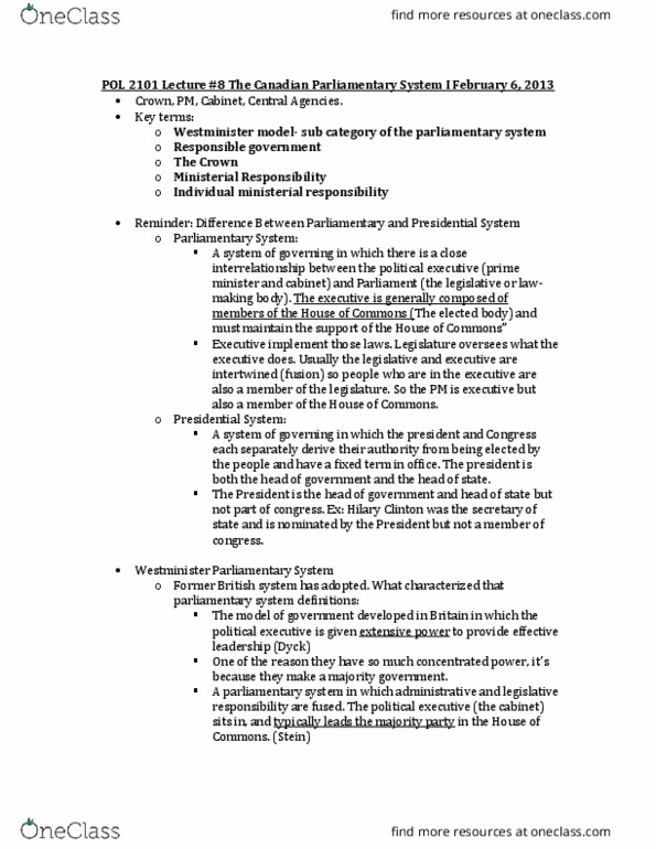 POL 2101 Lecture Notes - Lecture 8: Veto, Individual Ministerial Responsibility, Hillary Clinton thumbnail