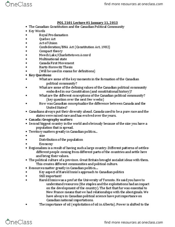 POL 2101 Lecture Notes - Lecture 1: Canadian Identity, Universal Health Care, Elijah Harper thumbnail