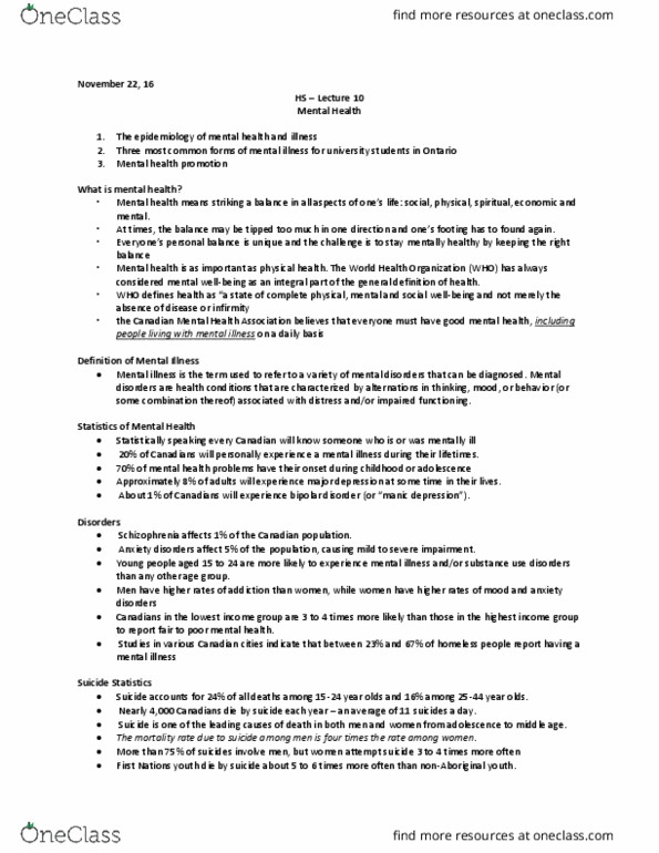 Health Sciences 2000A/B Lecture Notes - Lecture 19: Canadian Mental Health Association, World Health Organization, Bipolar Disorder thumbnail