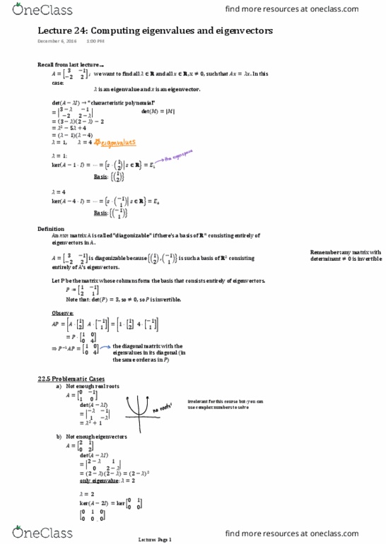 MAT 1341 Lecture Notes - Lecture 24: Eigenvalues And Eigenvectors, Diagonal Matrix thumbnail