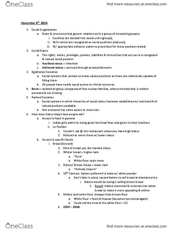 ANT 260 Lecture Notes - Lecture 16: Venison, Brown Bread, White Bread thumbnail