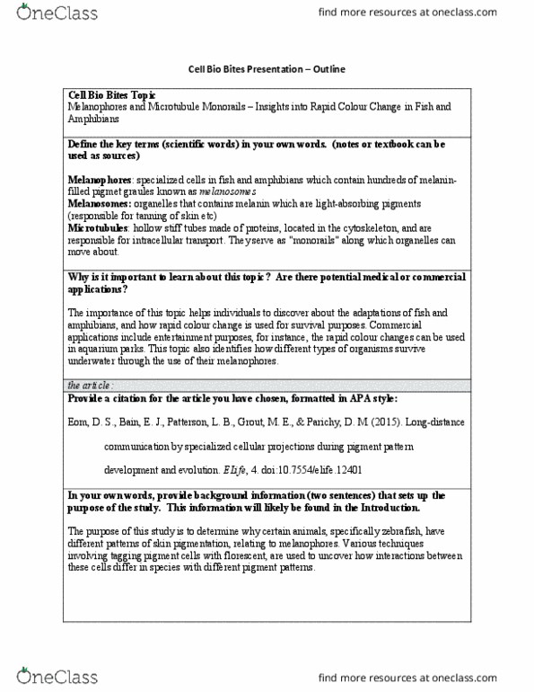 BIOL130 Lecture Notes - Lecture 1: Zebrafish, Actin, Chromatophore thumbnail